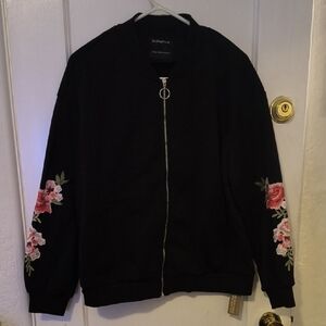 NWT BloomChic | Black Bomber Jacket with Pink Floral Embroidery